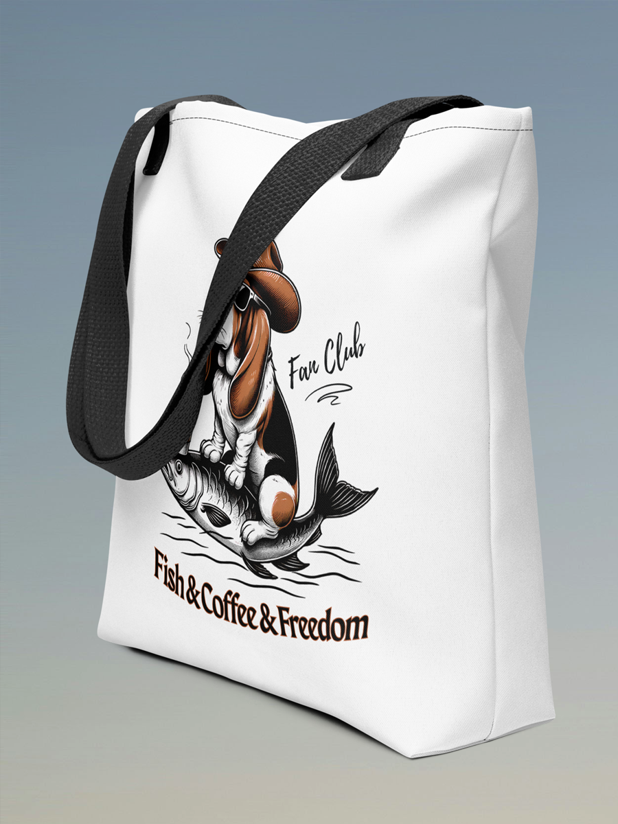 Fish & Coffee & Freedom Tote Bag – Funny Dog Design for Everyday Use.