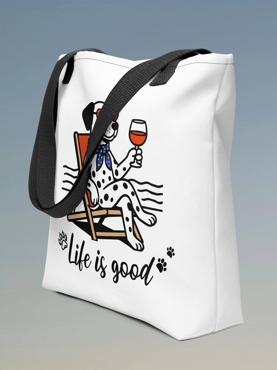 Life Is Good Tote – Relaxing Dalmatian with Wine, Cute Bag for Dog Fans