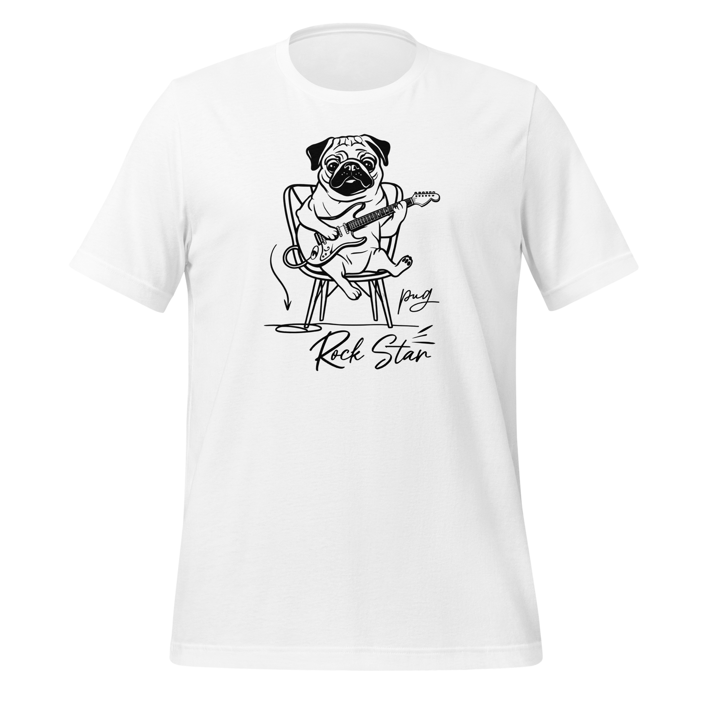 Bright T-shirt with rock star pug and the phrase “Pug Rock Star”.