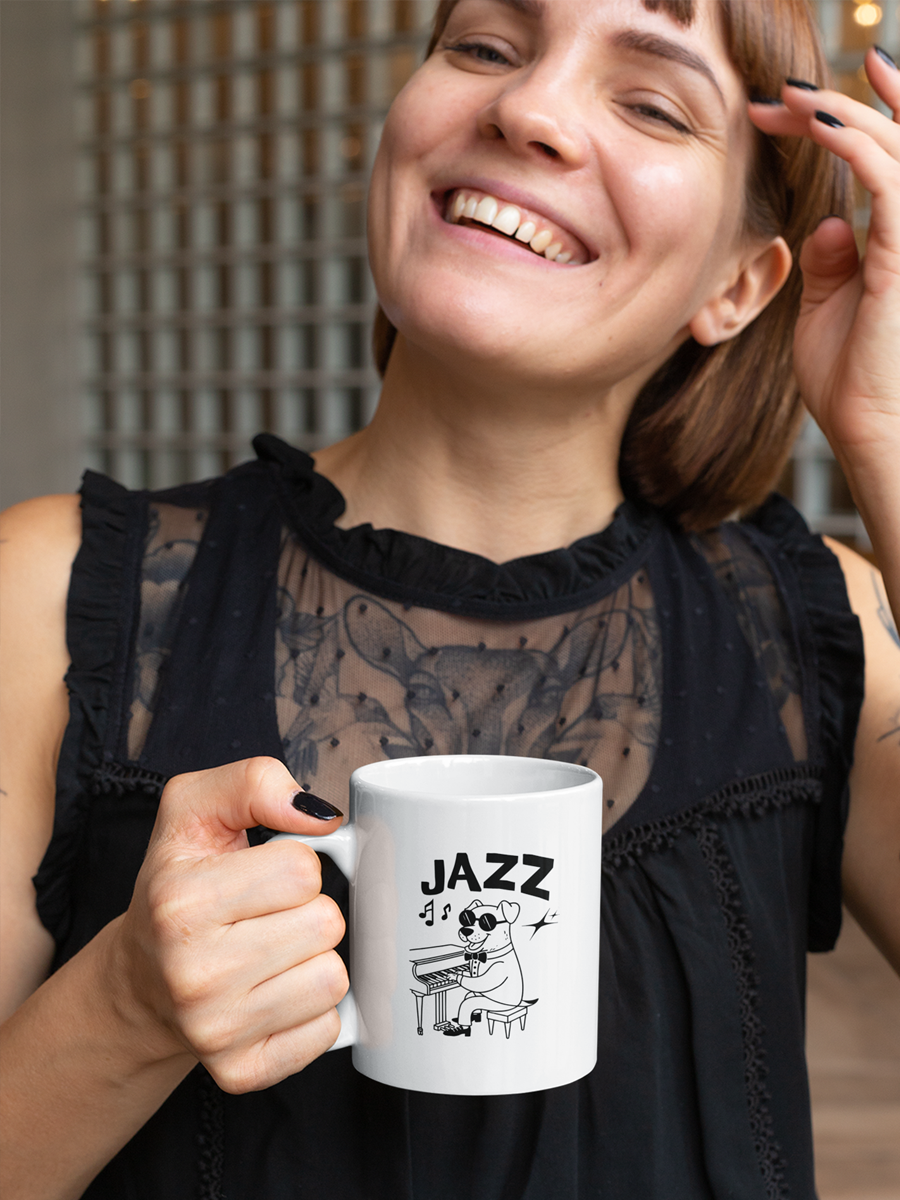 Jazz Dog Mug – Fun Ceramic Cup for Music & Dog Lovers.