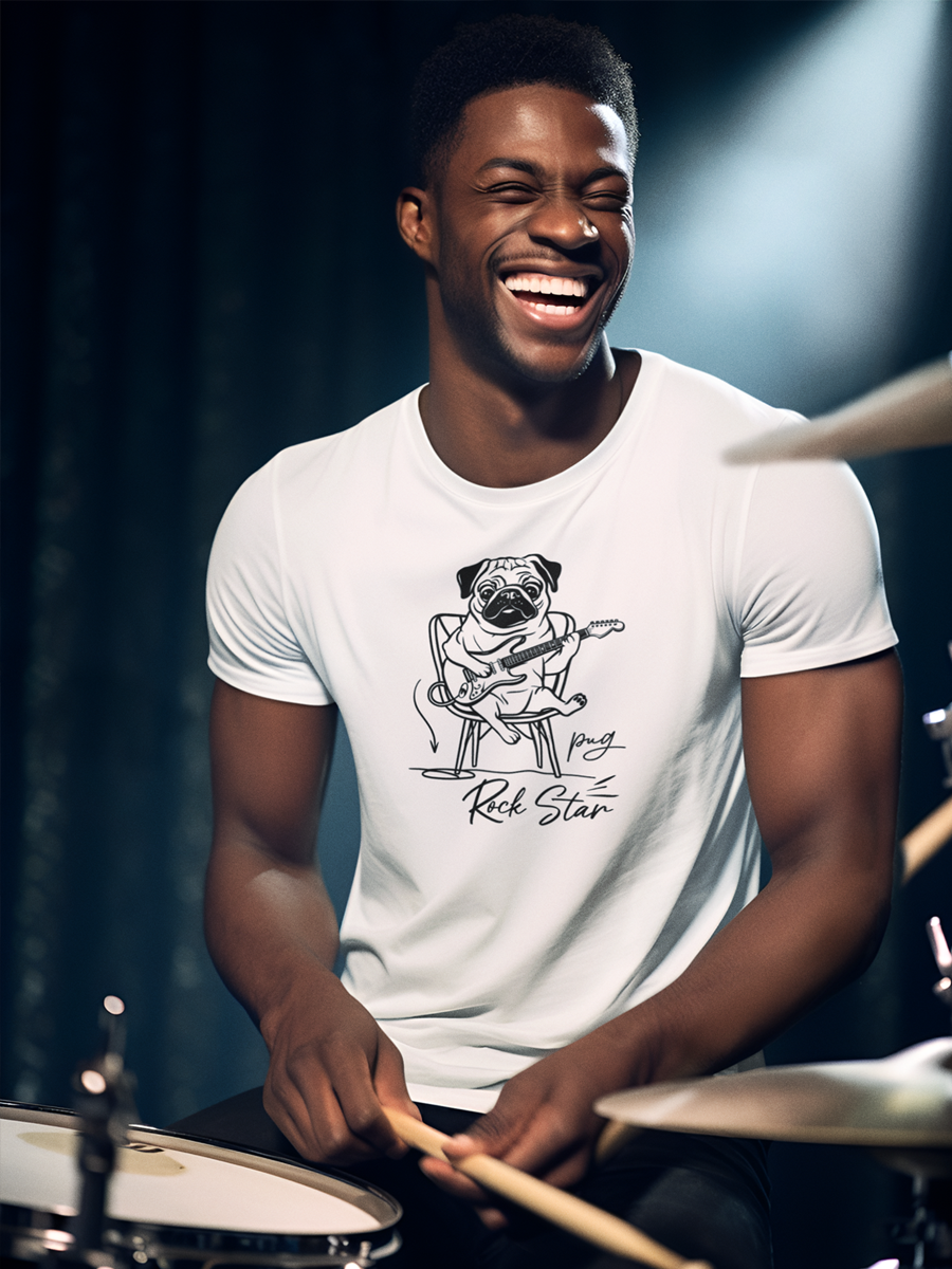 Bright T-shirt with rock star pug and the phrase “Pug Rock Star”.