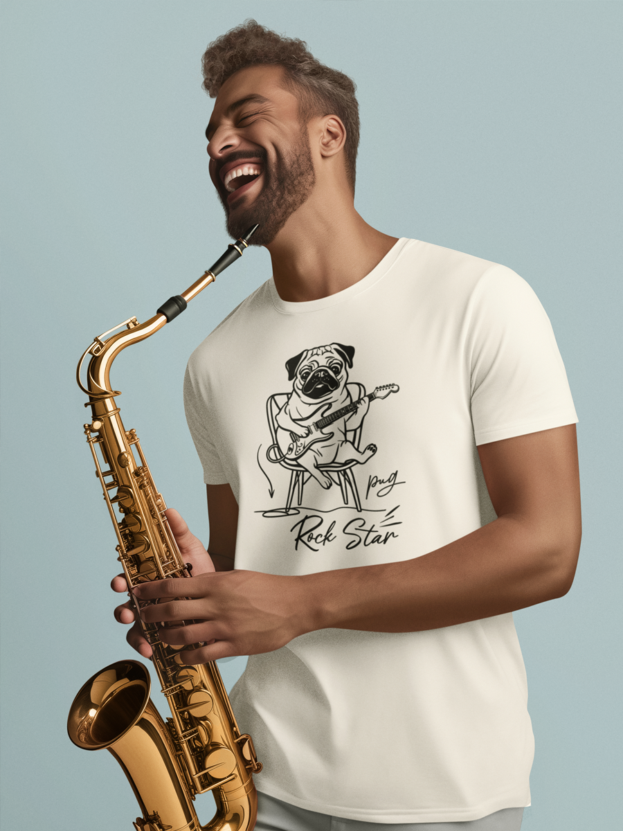 Bright T-shirt with rock star pug and the phrase “Pug Rock Star”.