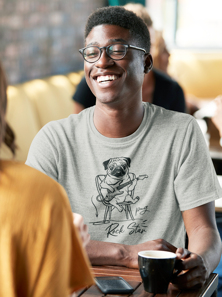 Bright T-shirt with rock star pug and the phrase “Pug Rock Star”.