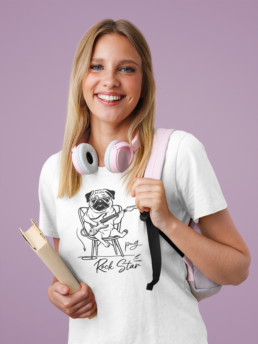 Bright T-shirt with rock star pug and the phrase “Pug Rock Star”.