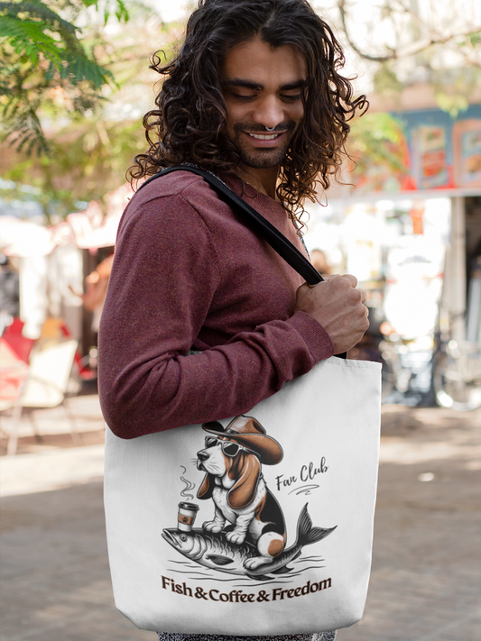 Fish & Coffee & Freedom Tote Bag – Funny Dog Design for Everyday Use.