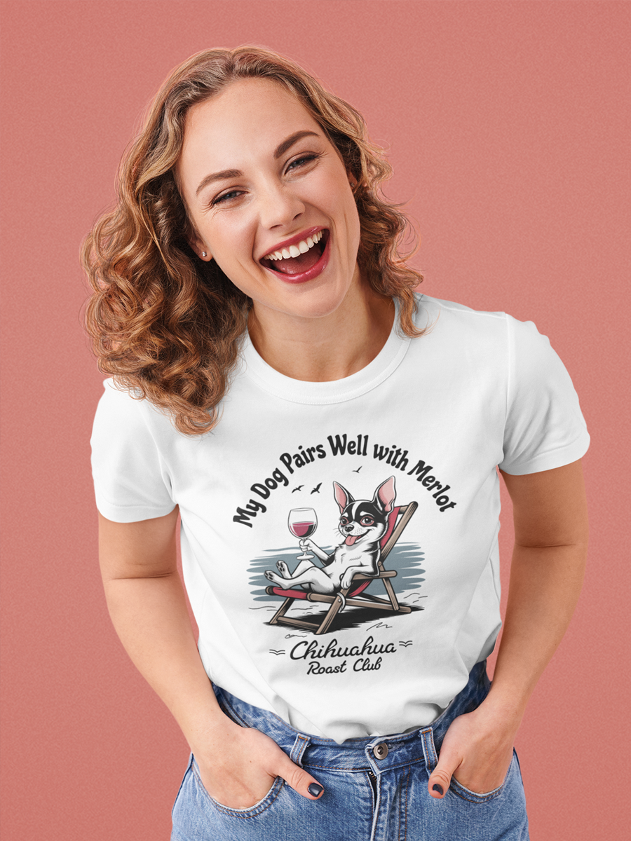 “My Dog Pairs Well with Merlot” chihuahua beach T-shirt.