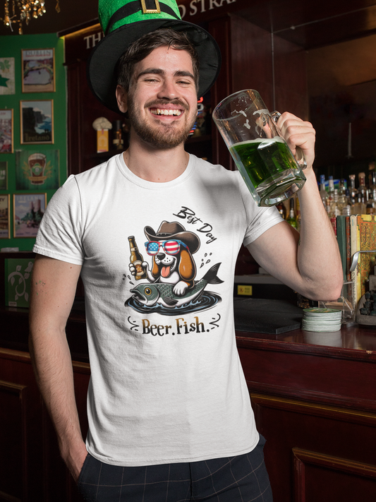“Beer. Fish. Best Day.” Cowboy Dog T-Shirt for Dog Lovers.