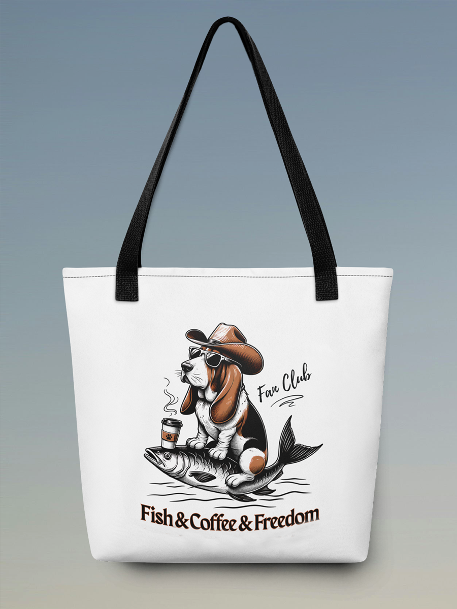 Fish & Coffee & Freedom Tote Bag – Funny Dog Design for Everyday Use.