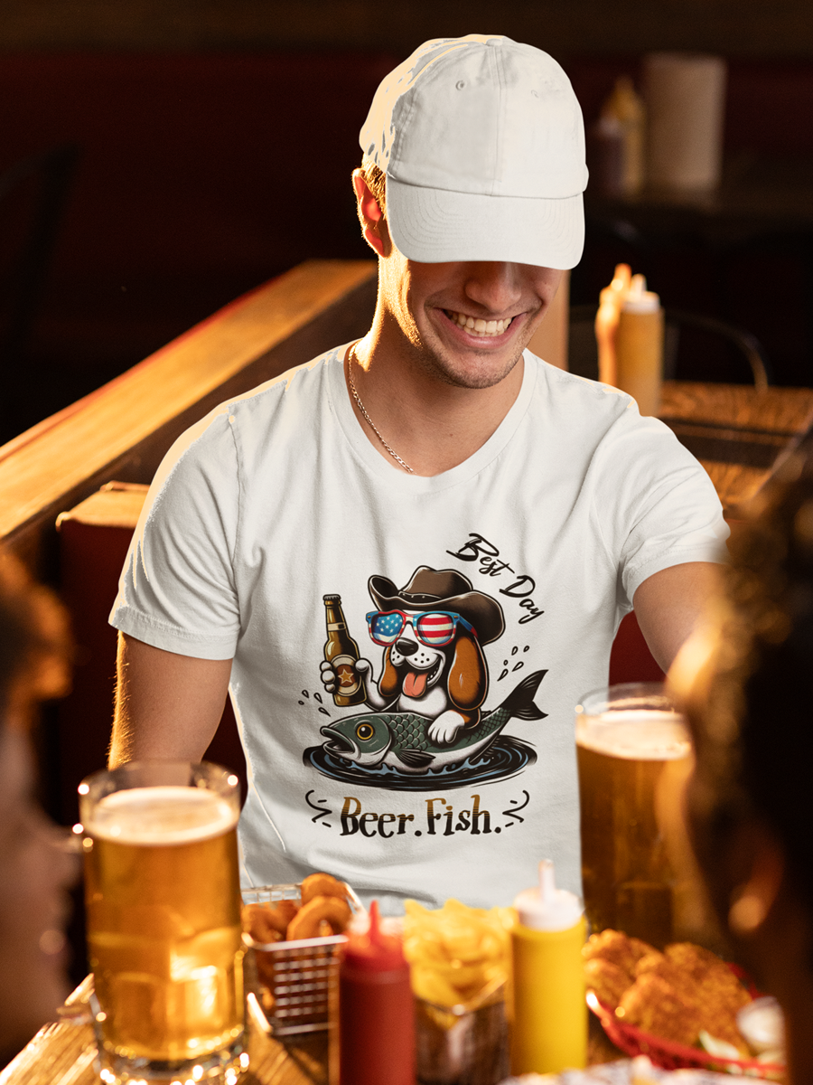 “Beer. Fish. Best Day.” Cowboy Dog T-Shirt for Dog Lovers.