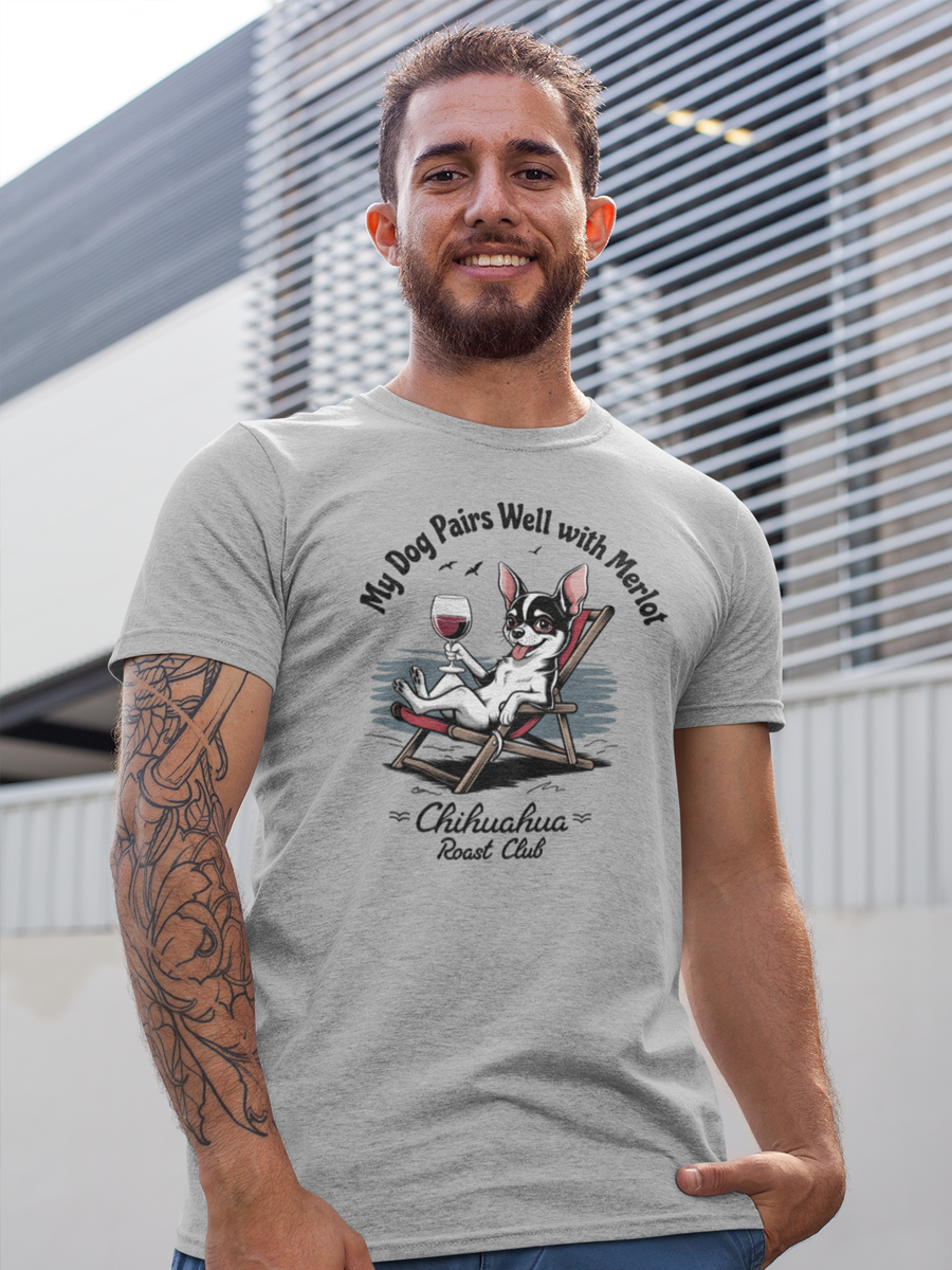“My Dog Pairs Well with Merlot” chihuahua beach T-shirt.