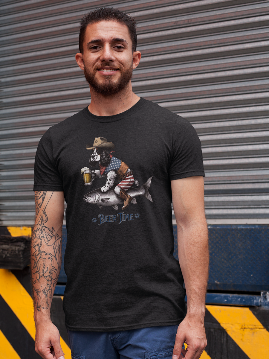 Spaniel T-Shirt - "Beer Time" Cowboy Dog Lover Tee.