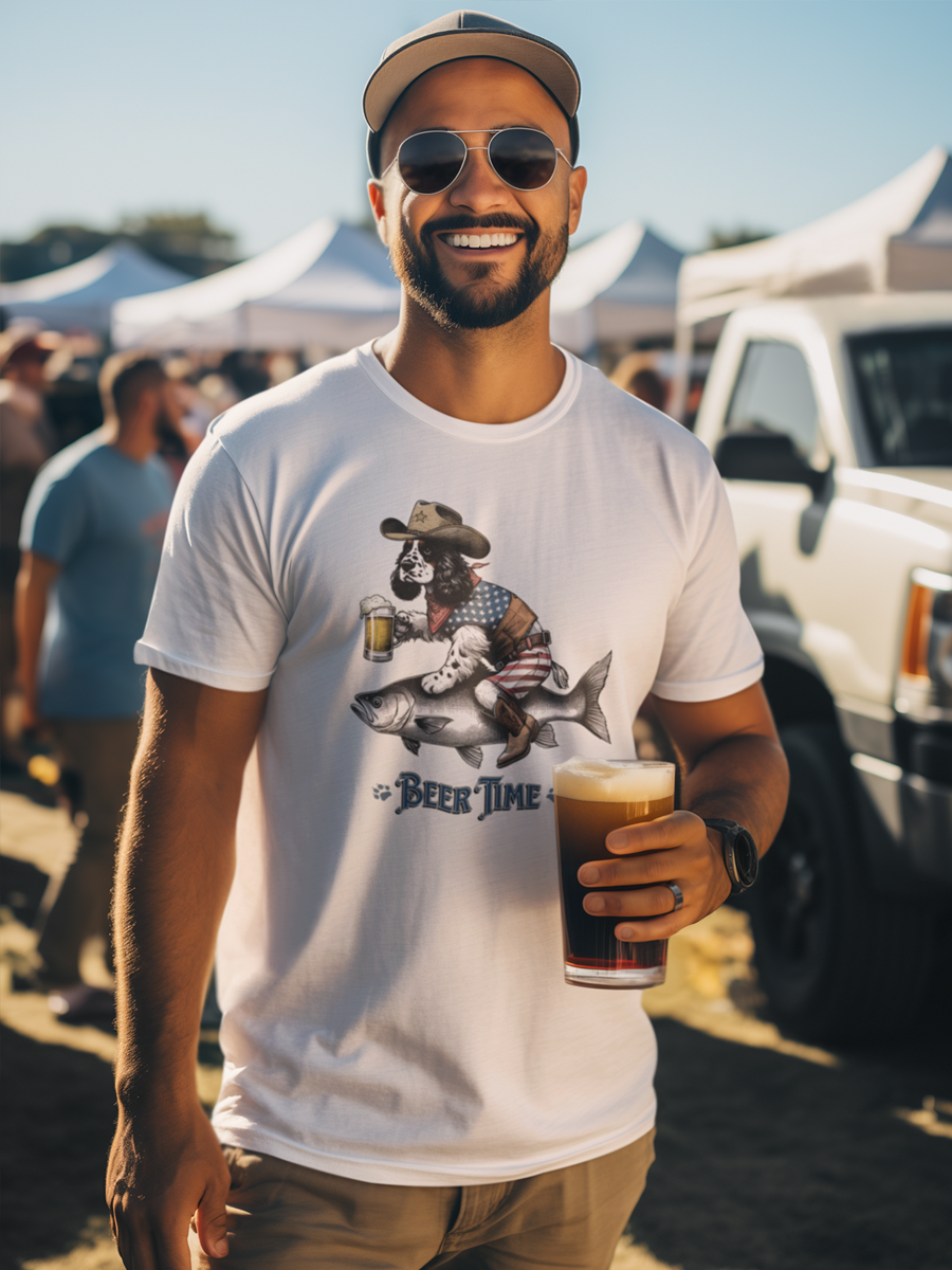 Spaniel T-Shirt - "Beer Time" Cowboy Dog Lover Tee.