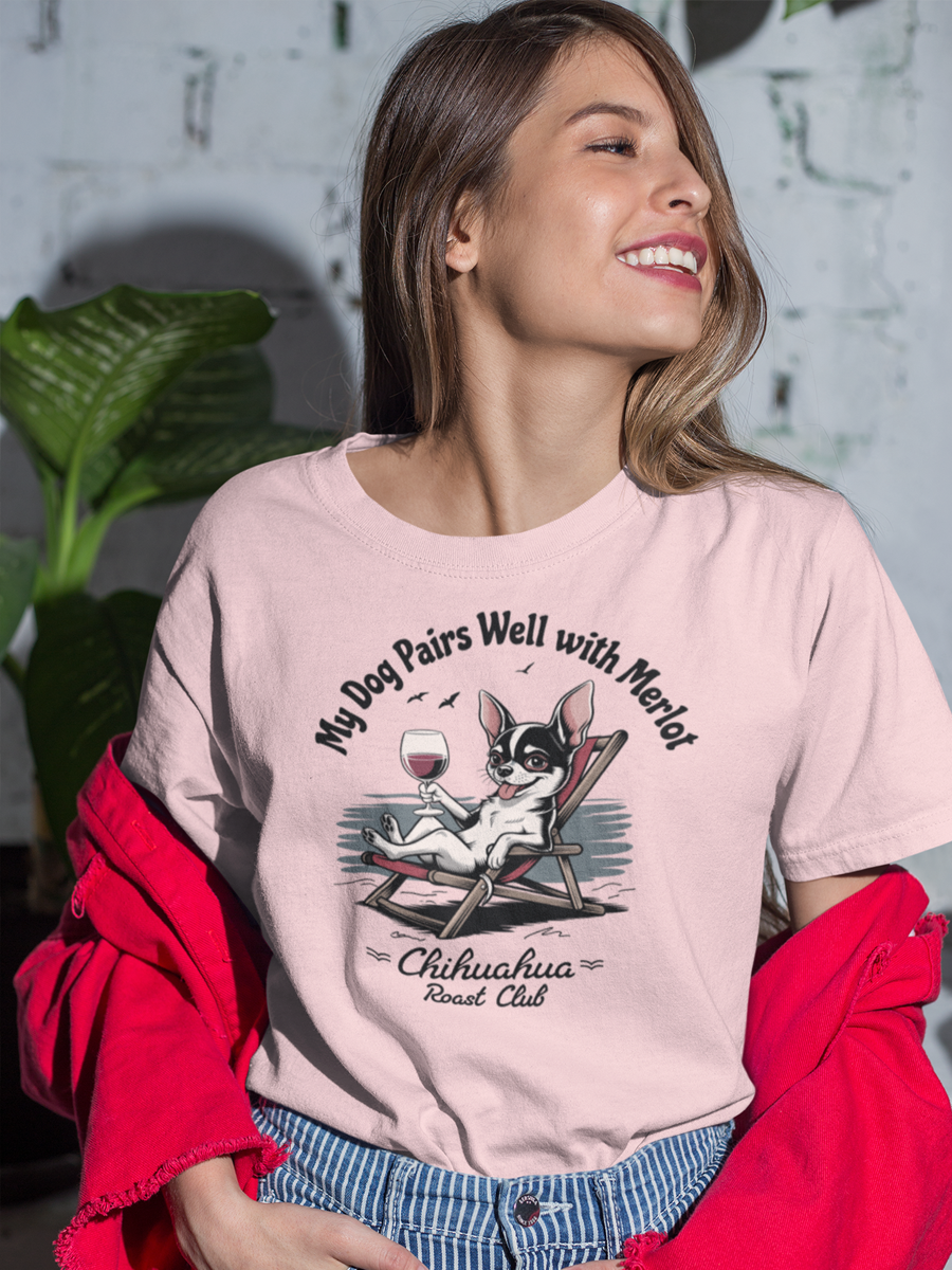 “My Dog Pairs Well with Merlot” chihuahua beach T-shirt.