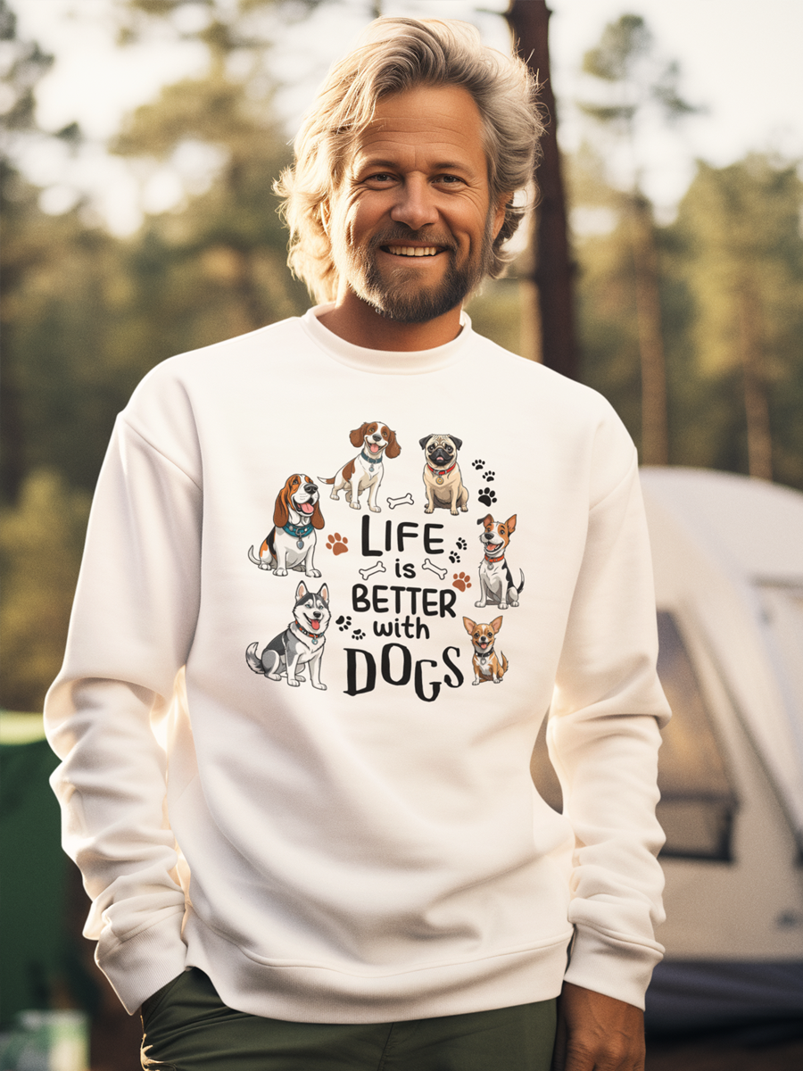 Life Is Better with Dogs Sweatshirt – Cute Multi-Breed Dog Design.