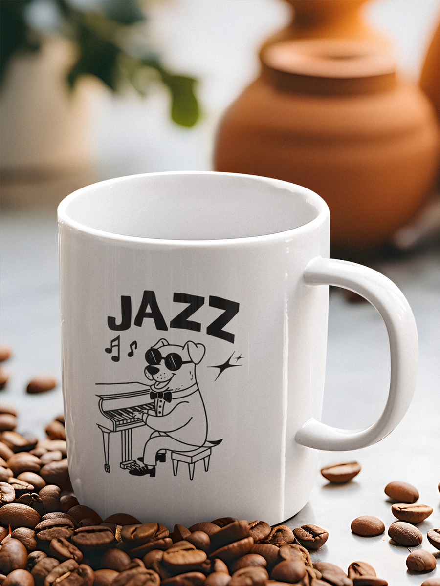 Jazz Dog Mug – Fun Ceramic Cup for Music & Dog Lovers.