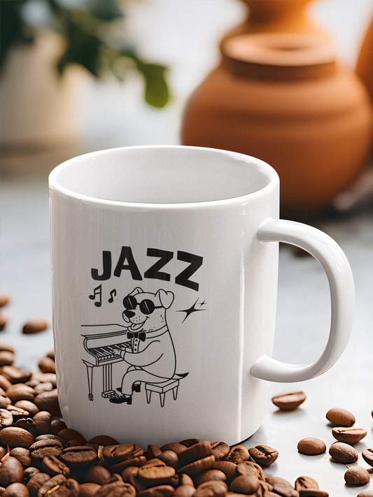 Jazz Dog Mug – Fun Ceramic Cup for Music & Dog Lovers.