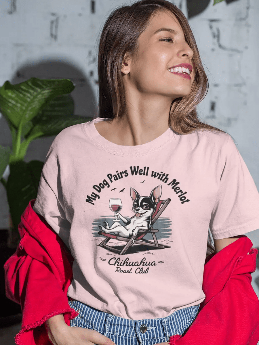 Chihuahua T-Shirt - "My Dog Pairs Well with Merlot" Wine Lover Tee - PrintsDog