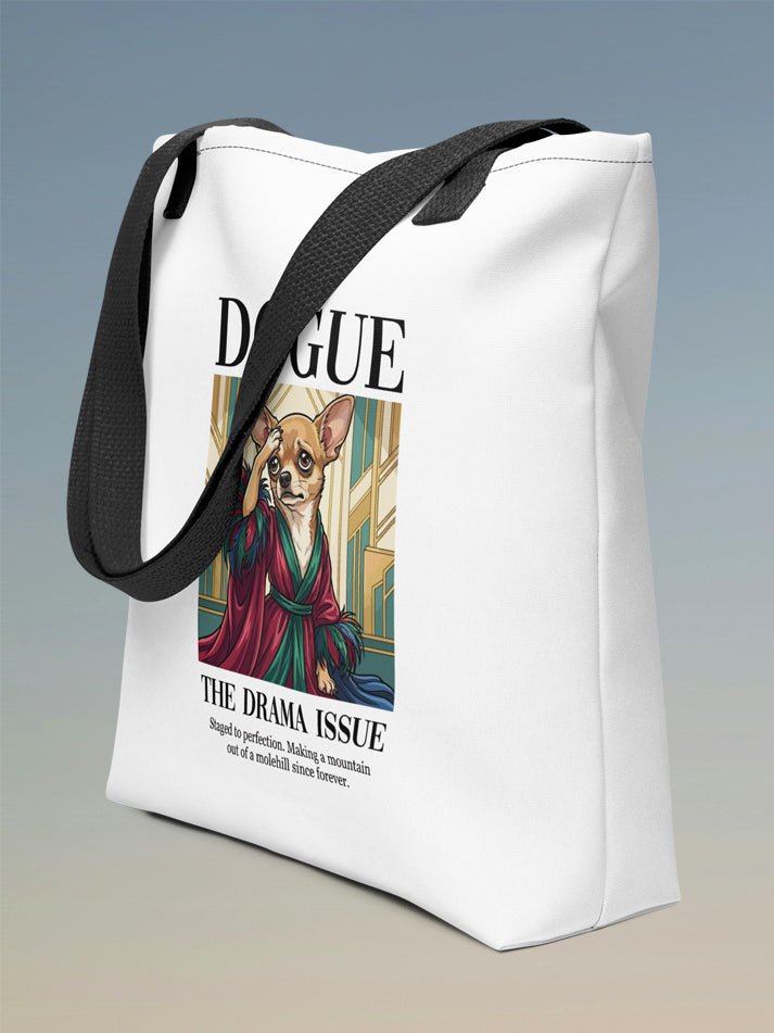 White Chihuahua tote bag with black handles featuring Staged to Perfection dog lover design