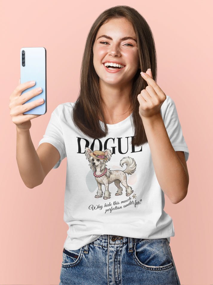 Chinese Crested Dog T-Shirt - Stylish Dog Lover Tee 'Dogue - Perfection' - PrintsDog