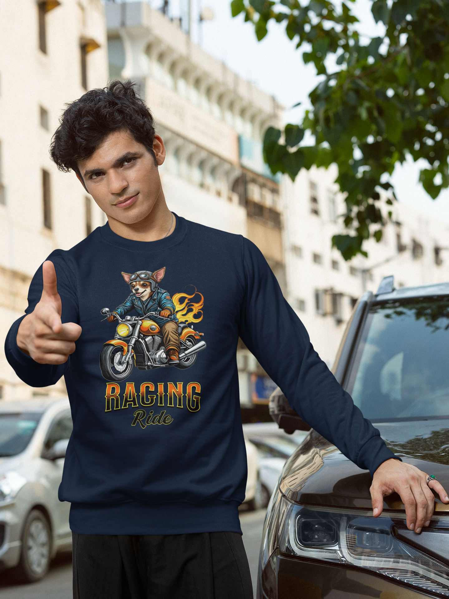 Racing Ride Chihuahua Sweatshirt. Funny Dog Motorcycle.