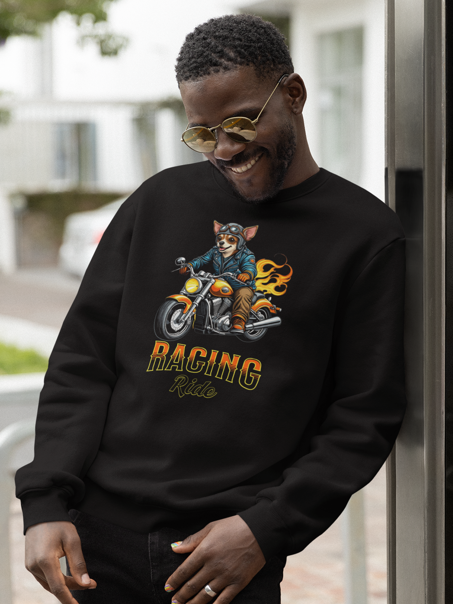 Racing Ride Chihuahua Sweatshirt. Funny Dog Motorcycle.