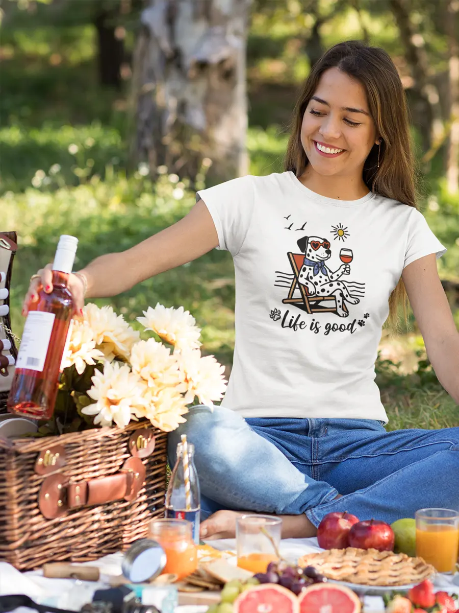 Dalmatian T-Shirt - "Life is Good" Dog & Wine Lover Tee. - PrintsDog