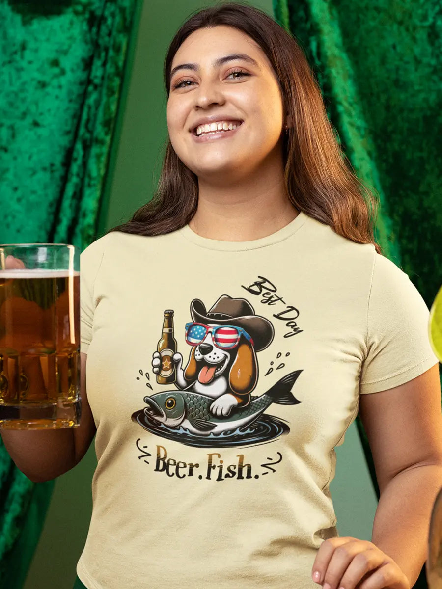 Dog T-Shirt - "Beer. Fish. Best Day." Cowboy Dog Lover Tee. - PrintsDog