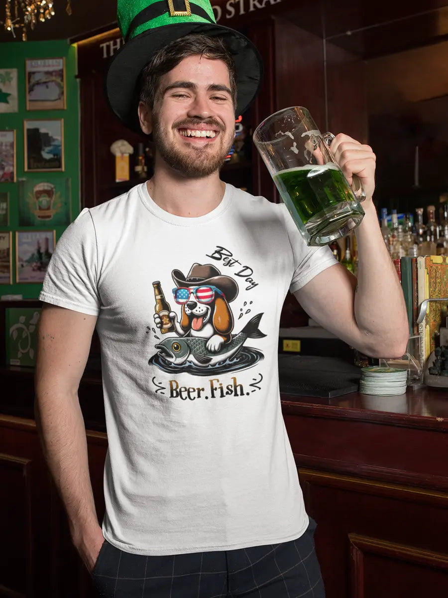 Dog T-Shirt - "Beer. Fish. Best Day." Cowboy Dog Lover Tee. - PrintsDog