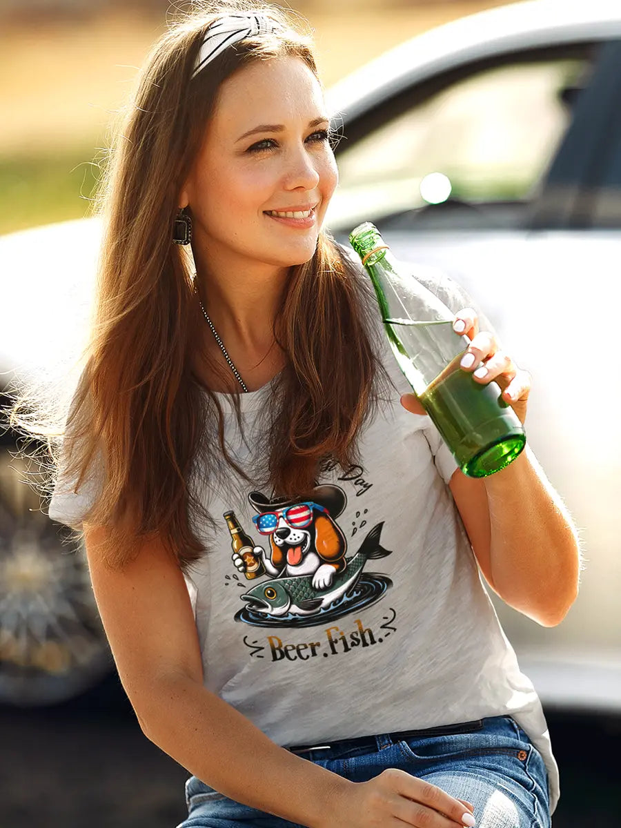 Dog T-Shirt - "Beer. Fish. Best Day." Cowboy Dog Lover Tee. - PrintsDog
