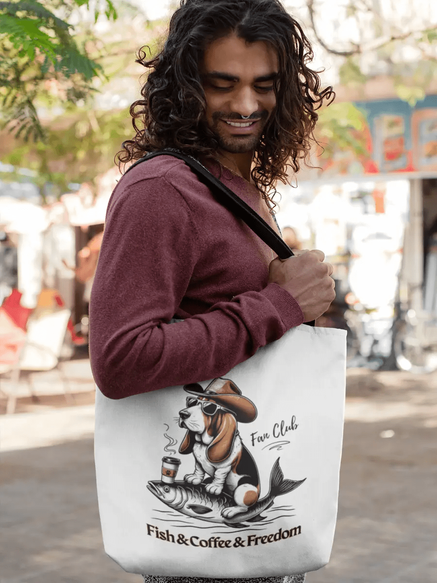 Fish & Coffee & Freedom Tote Bag - Funny Dog Design for Everyday Use. - PrintsDog