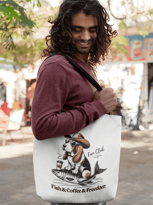 Fish & Coffee & Freedom Tote Bag - Funny Dog Design for Everyday Use. - PrintsDog