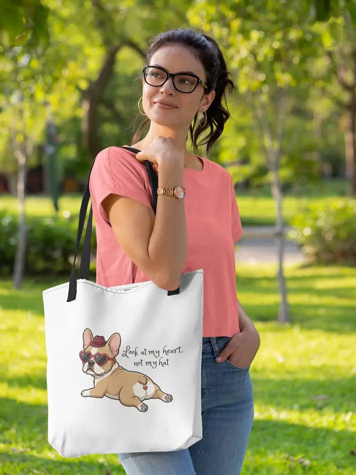 French Bulldog Tote Bag - Look at My Heart Not the Hat Design for Dog Lovers. - PrintsDog