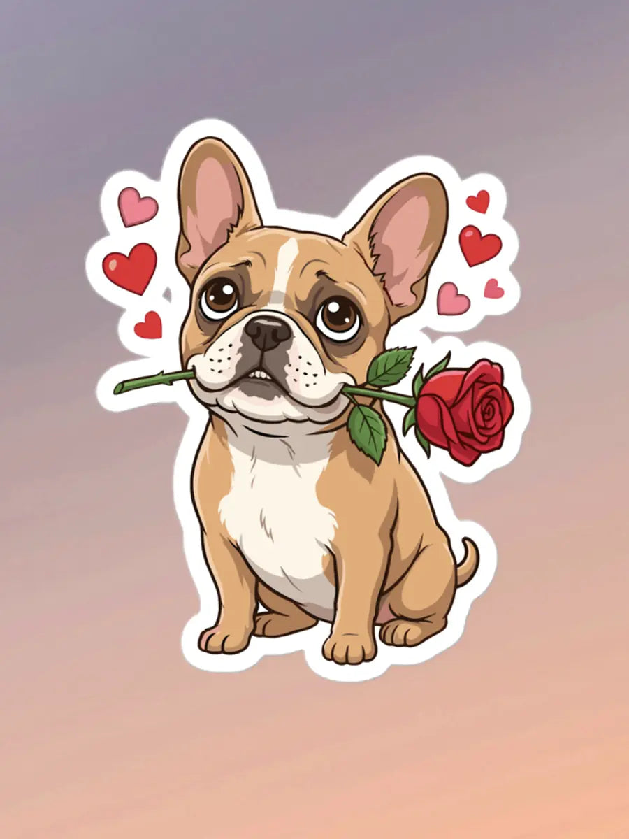 French Bulldog Valentine Sticker - Frenchie with Rose Waterproof Vinyl Decal for Laptop & Water Bottle - PrintsDog