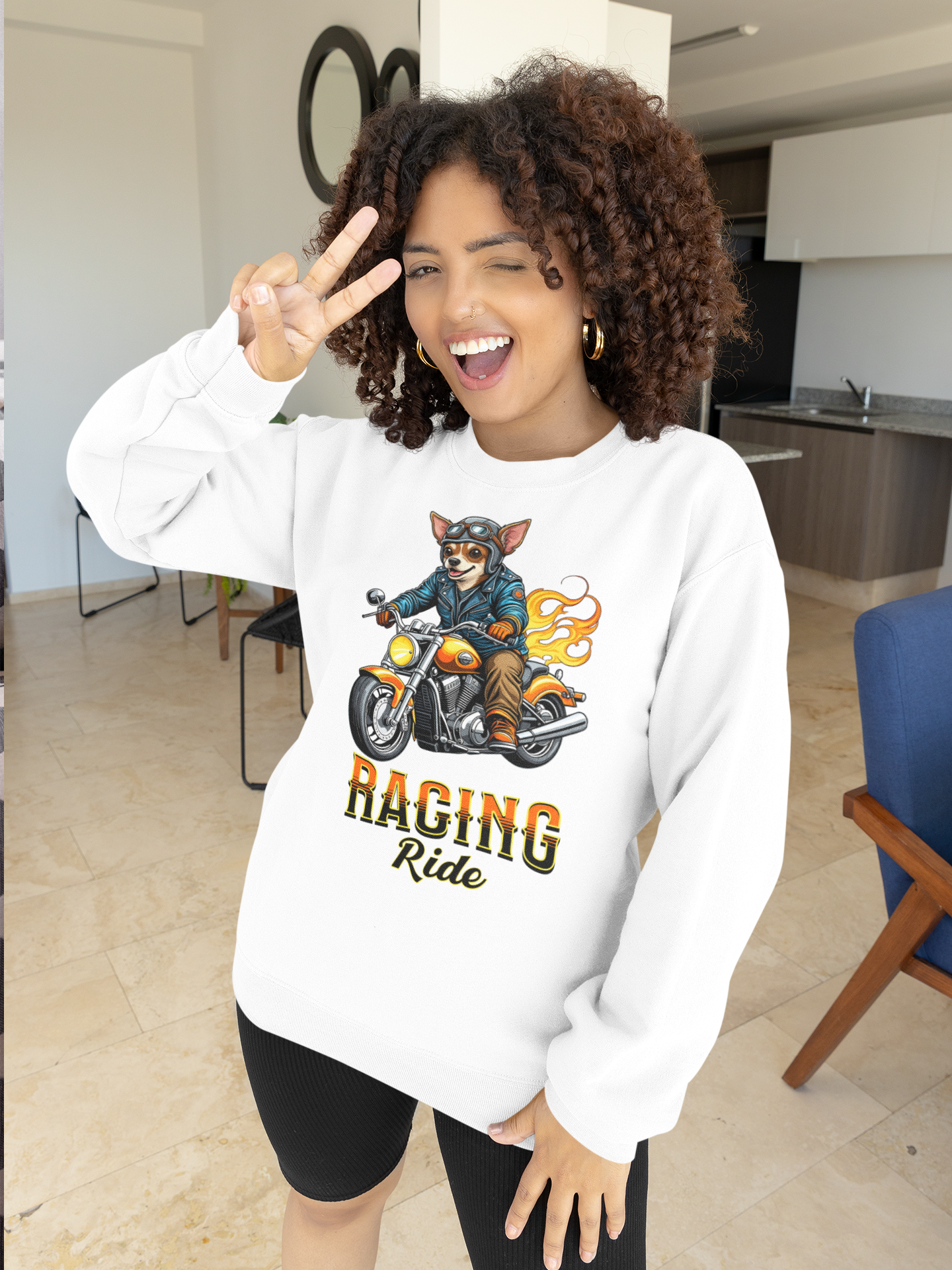 Racing Ride Chihuahua Sweatshirt. Funny Dog Motorcycle.