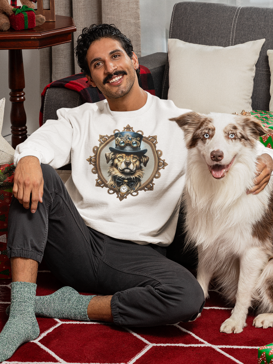Steampunk Dog Sweatshirt – Vintage Dog in Top Hat & Goggles Design.