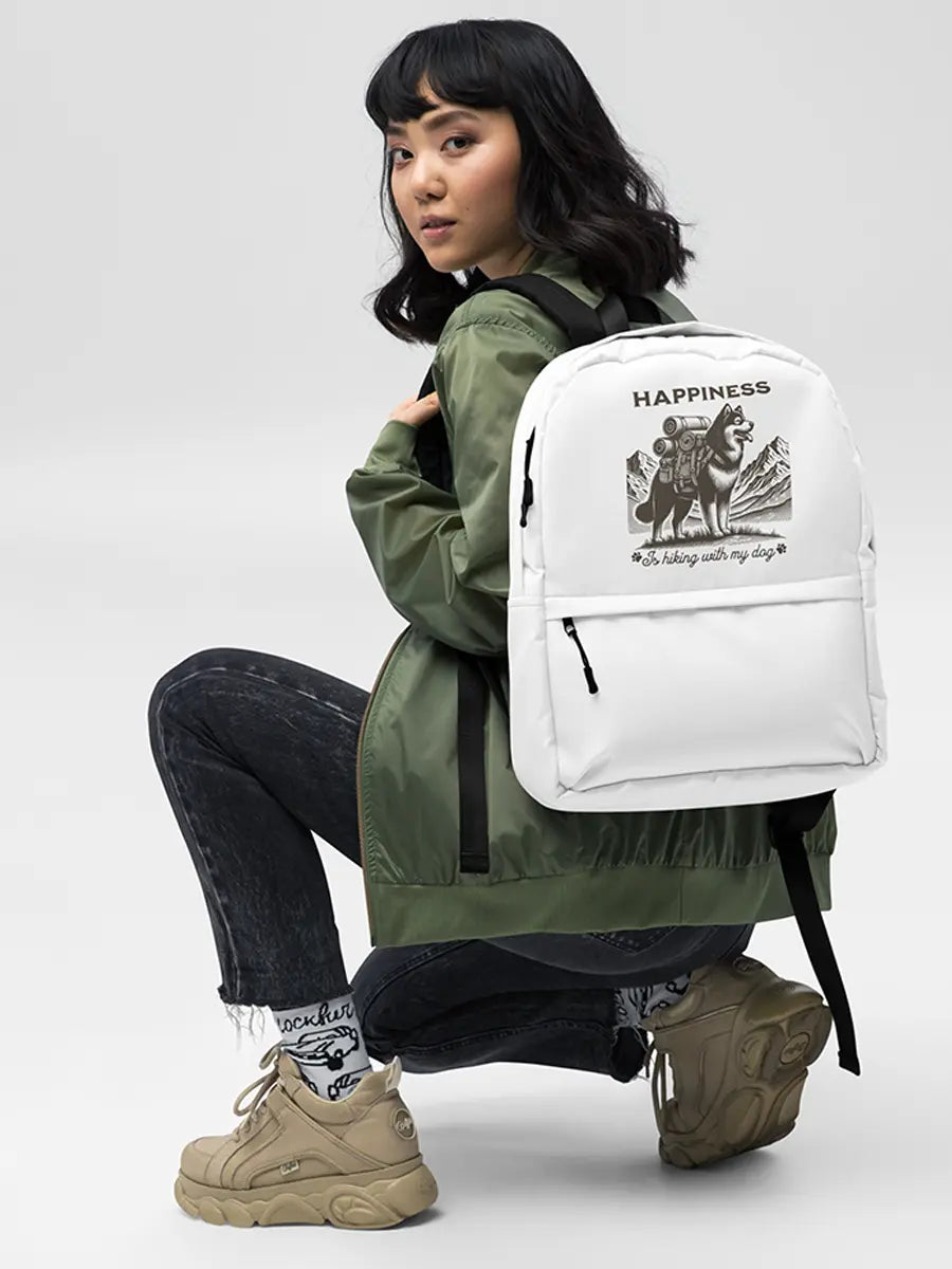 Happiness Is Hiking With My Dog Backpack - Vintage Dog Travel Bag for Outdoor Adventures - PrintsDog
