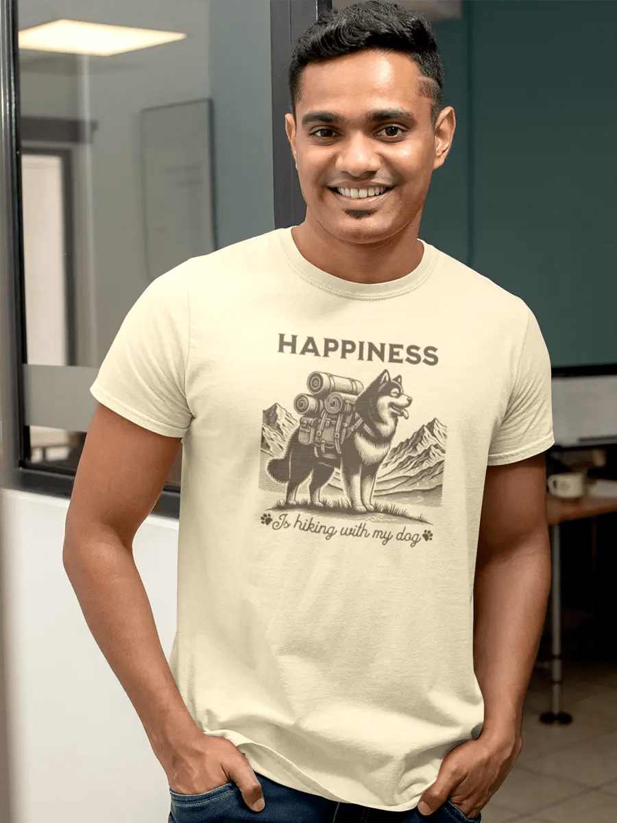 Hiking T-Shirt - Dog Lover Tee 'Happiness Is Hiking With My Dog' - PrintsDog