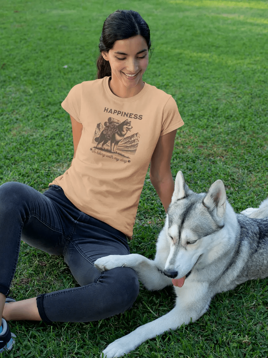 Hiking T-Shirt - Dog Lover Tee 'Happiness Is Hiking With My Dog' - PrintsDog