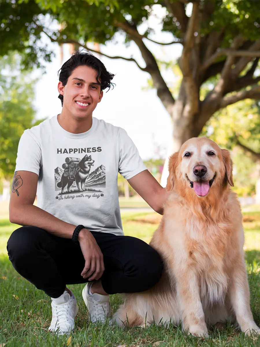 Hiking T-Shirt - Dog Lover Tee 'Happiness Is Hiking With My Dog' - PrintsDog