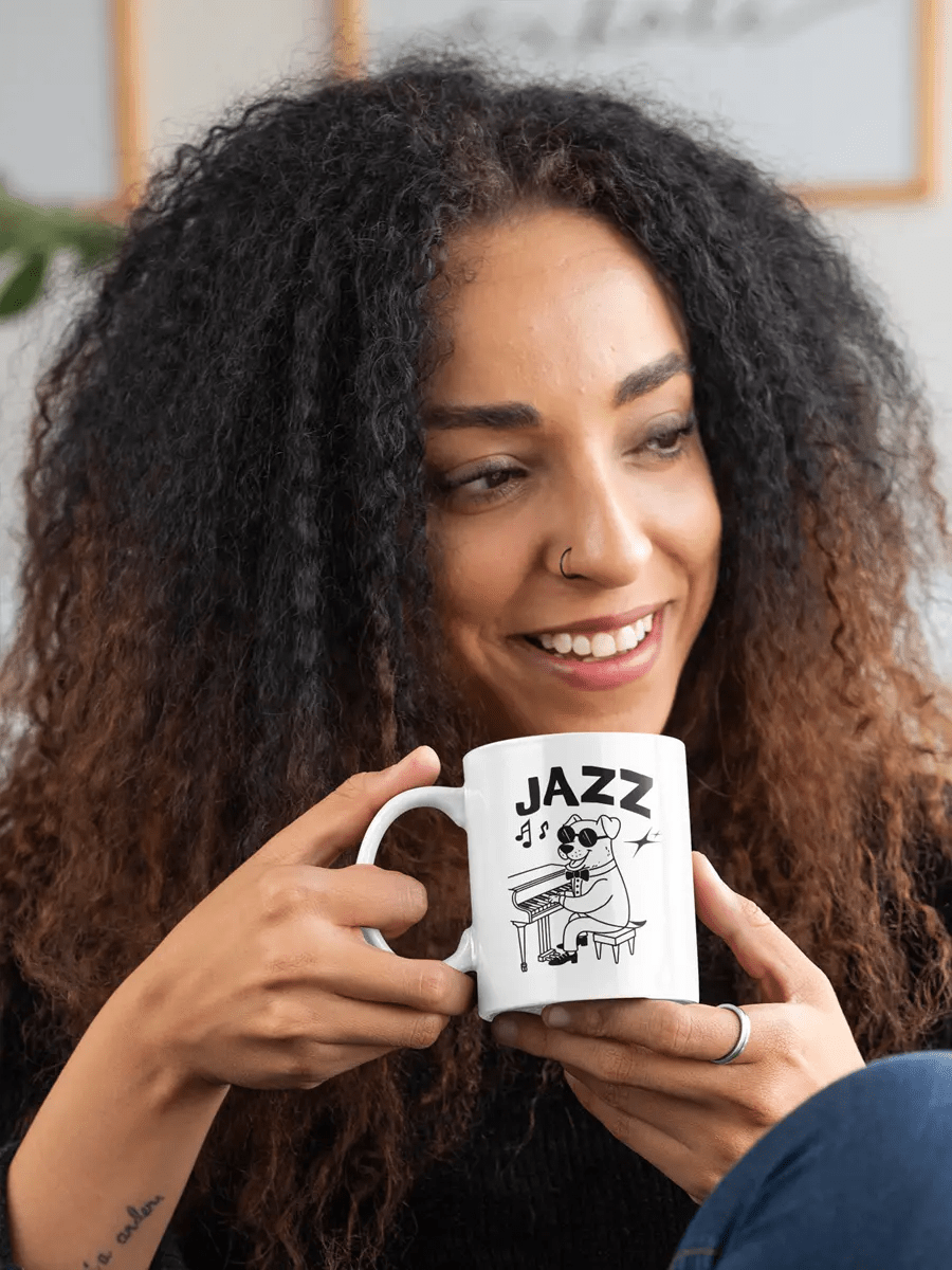 Jazz Dog Mug - Ceramic Coffee Cup Gift for Music & Dog Lovers. - PrintsDog
