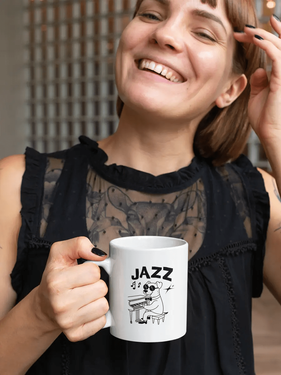 Jazz Dog Mug - Ceramic Coffee Cup Gift for Music & Dog Lovers. - PrintsDog