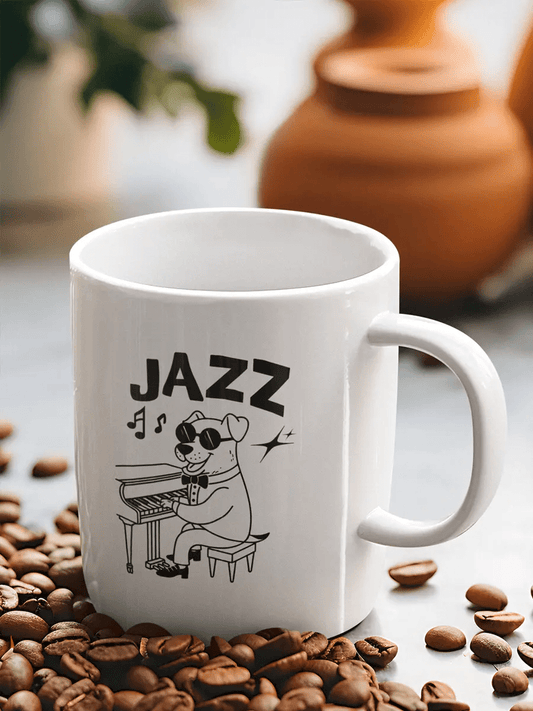 Jazz Dog Mug - Ceramic Coffee Cup Gift for Music & Dog Lovers. - PrintsDog