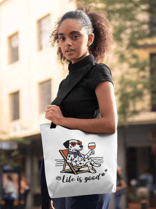 Life Is Good Tote Bag - Relaxing Dalmatian with Wine Gift for Dog Lovers. - PrintsDog