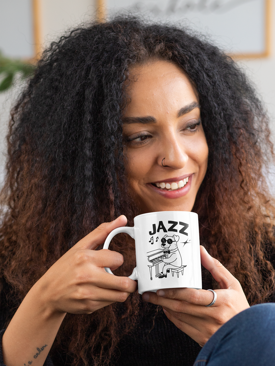 Jazz Dog Mug – Fun Ceramic Cup for Music & Dog Lovers.