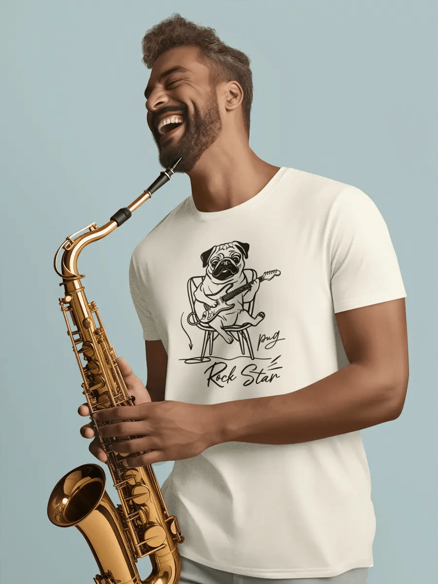 Pug T-Shirt - Rock Star Dog with Guitar "Pug Rock Star" - PrintsDog