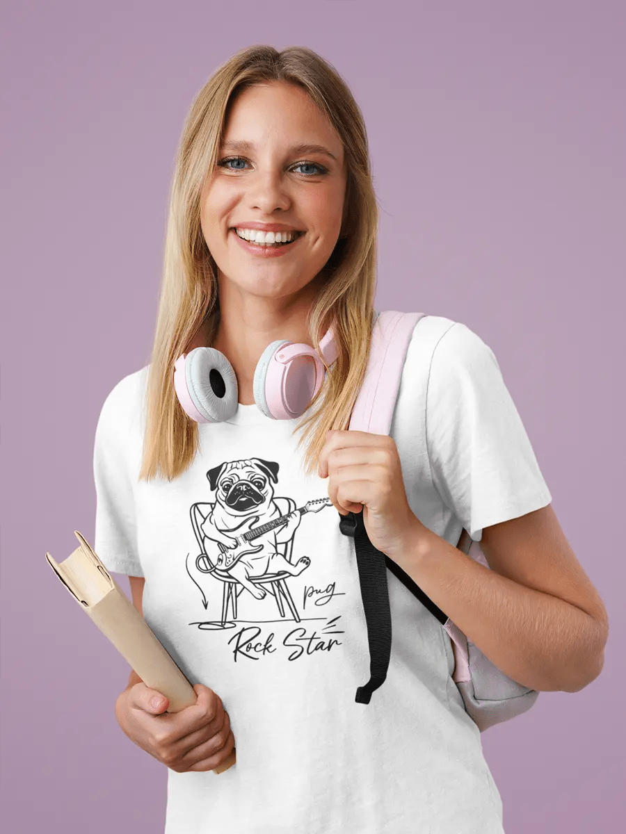 Pug T-Shirt - Rock Star Dog with Guitar "Pug Rock Star" - PrintsDog
