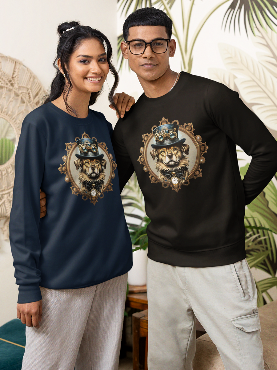 Steampunk Dog Sweatshirt – Vintage Dog in Top Hat & Goggles Design.