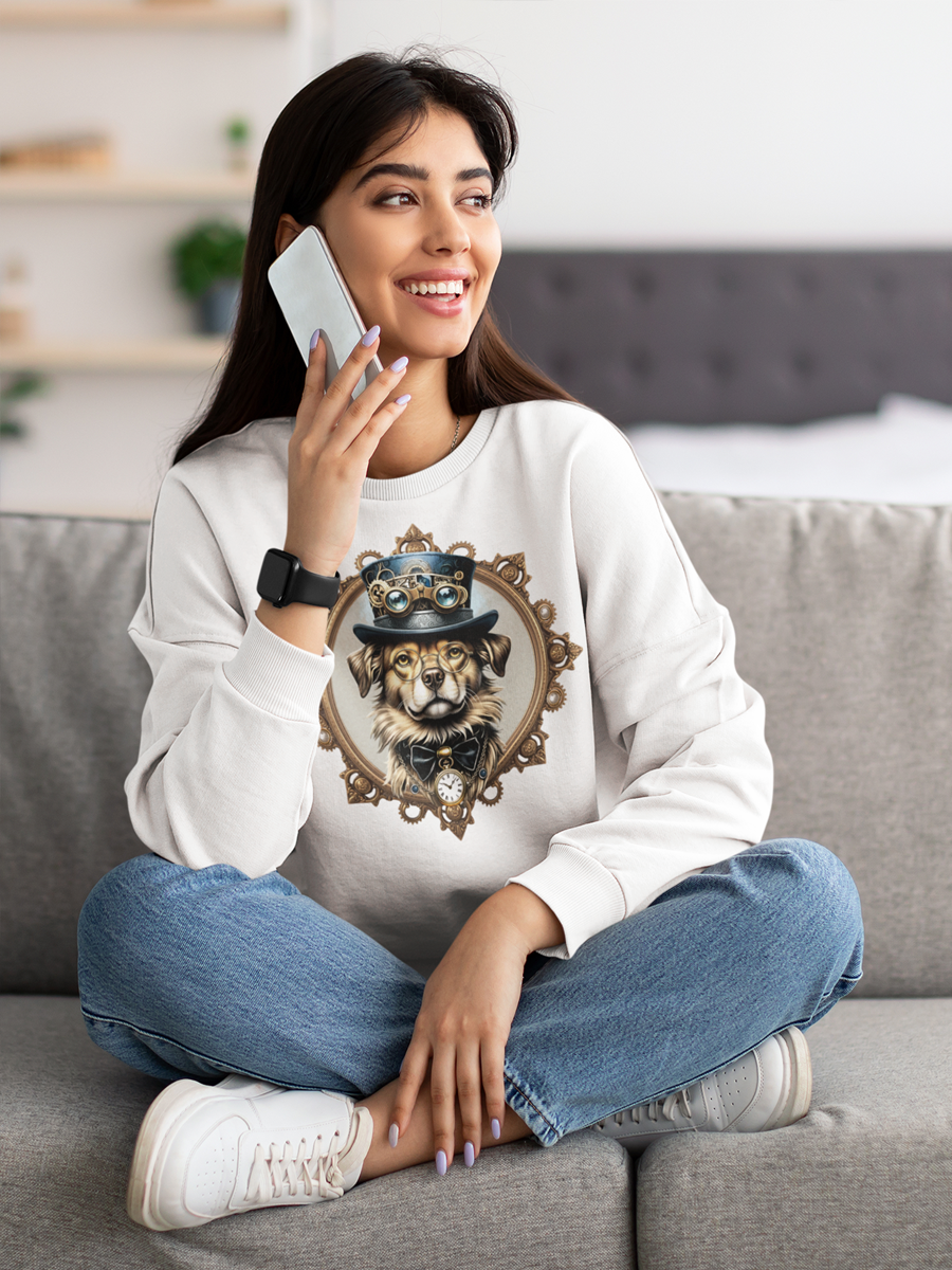 Steampunk Dog Sweatshirt – Vintage Dog in Top Hat & Goggles Design.