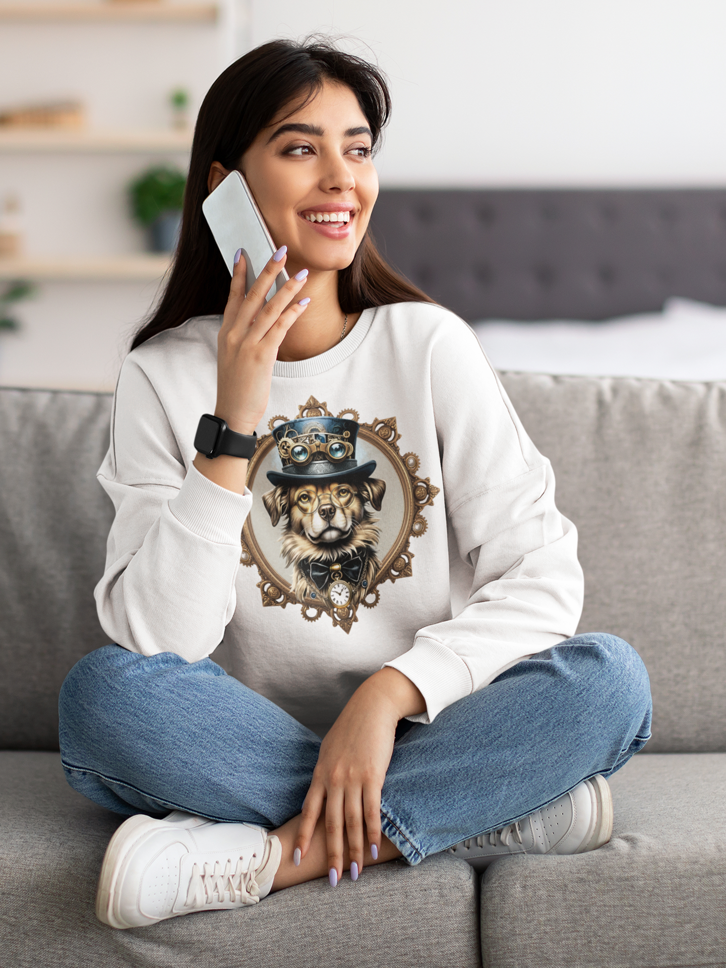 Steampunk Dog in Top Hat Sweatshirt.