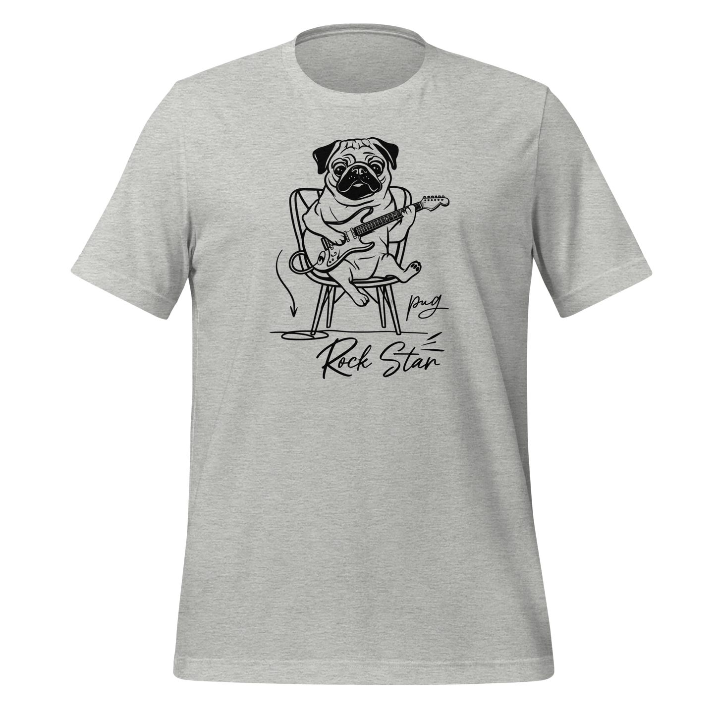 Bright T-shirt with rock star pug and the phrase “Pug Rock Star”.